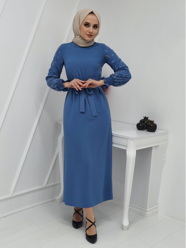 Pearl Detailed Long Dress with Stones on the Sleeves -Blue