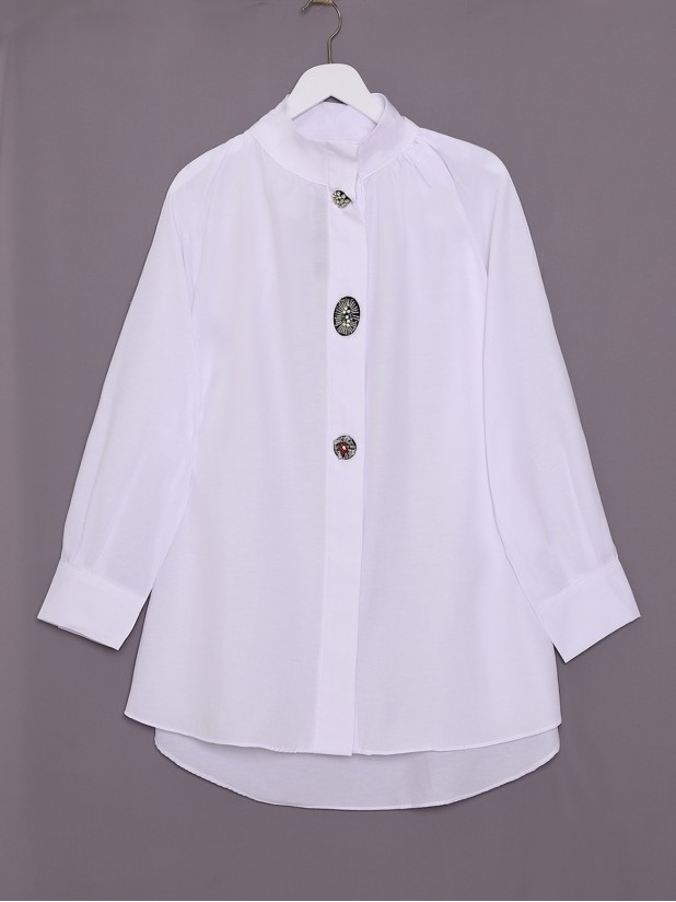 Judge Collar Front Stone Brooch Detailed Shirt -White