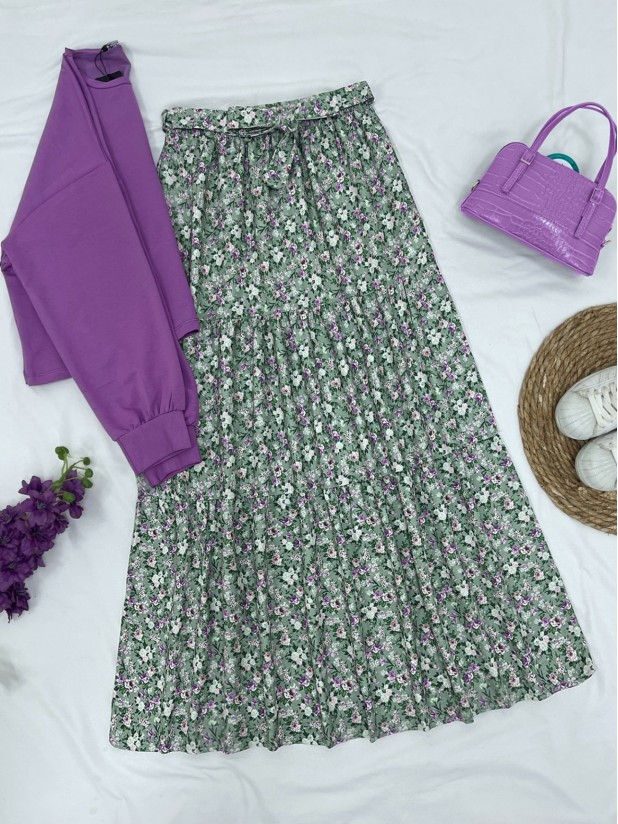 Crispy Floral Pattern Belt Pieced Linen Skirt -Green