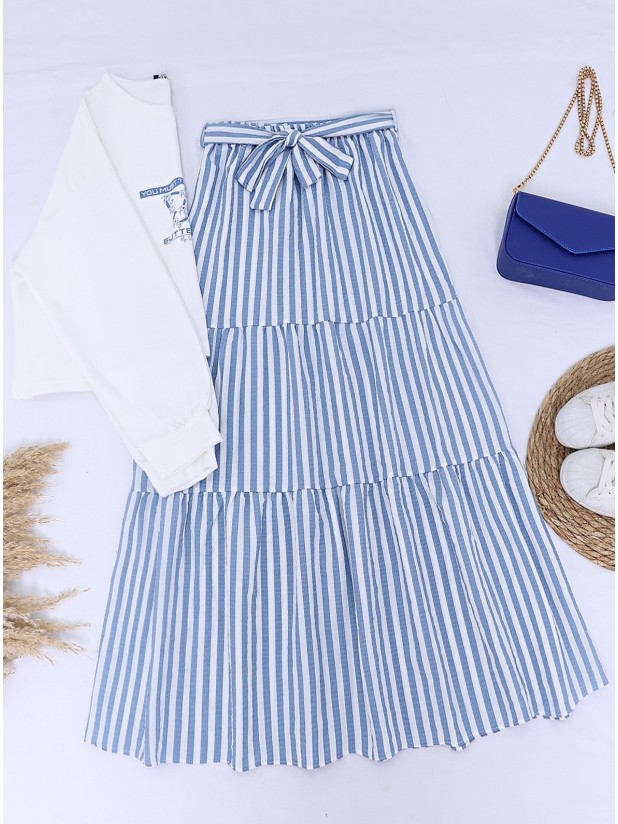 Printed Sweet Skirt Striped Belted Set -Blue