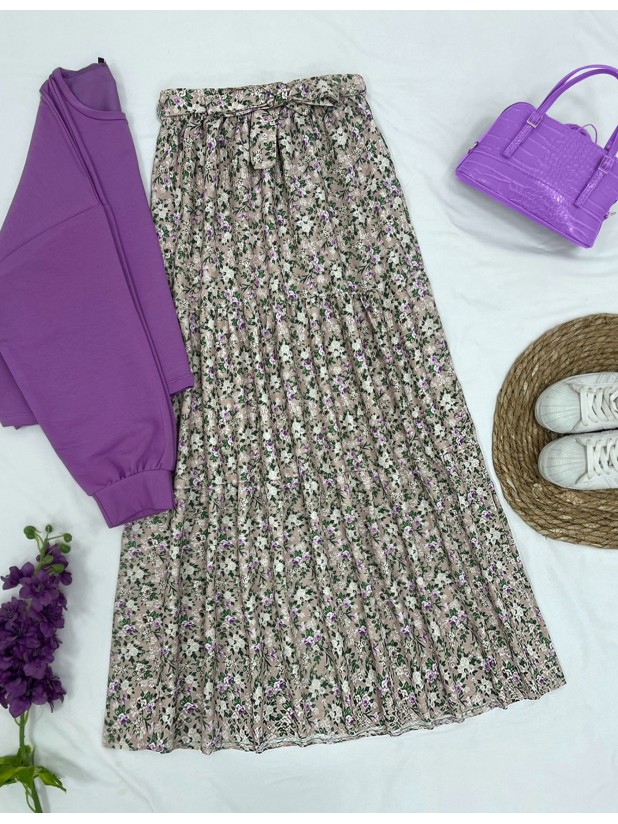 Crispy Floral Pattern Belt Pieced Linen Skirt  - Beige