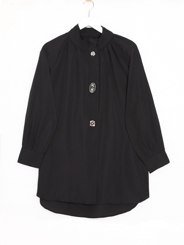Judge Collar Front Stone Brooch Detailed Shirt -Black