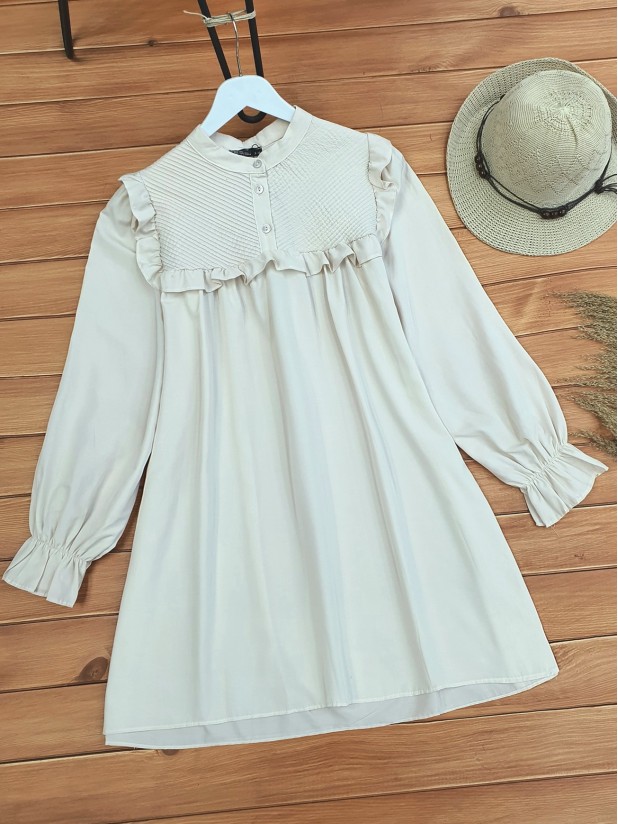 Frilly Front and Shoulder Half Button Tunic -Cream color
