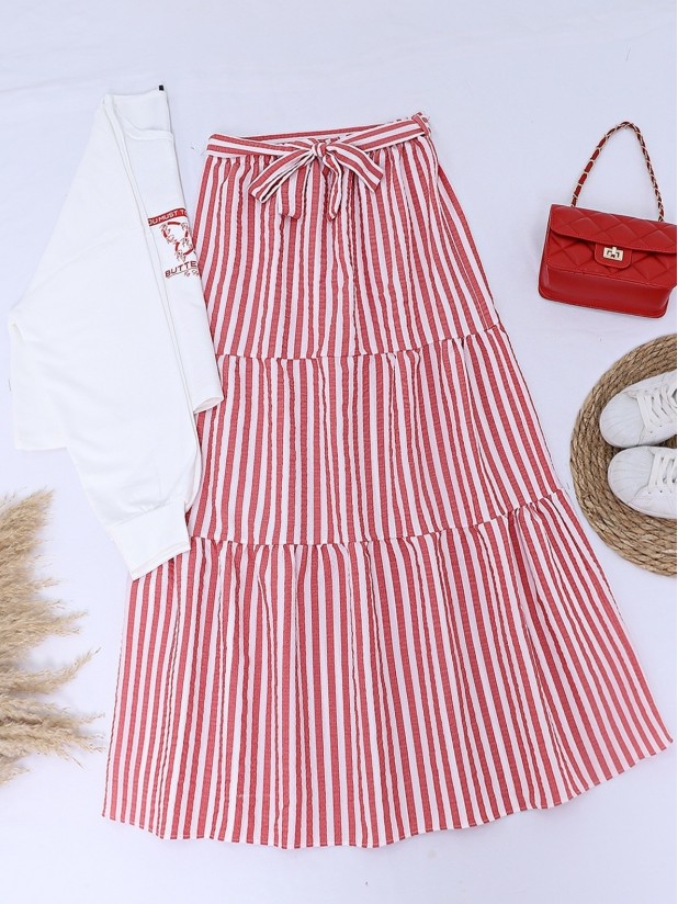 Printed Sweet Skirt Striped Belted Set -Red