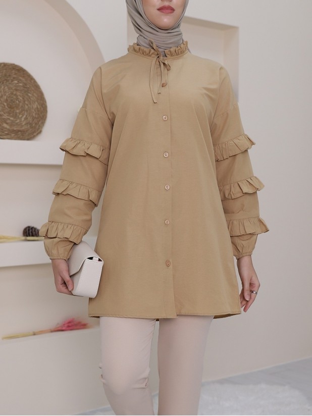 Lace-up Collar Tunic with Ruffled Buttons with Layered Sleeves -Mink color