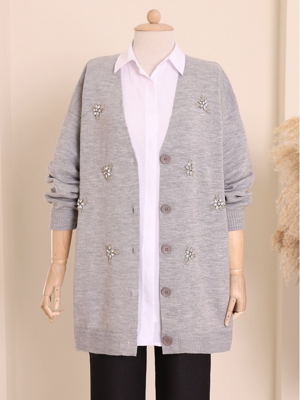 Buttoned Stone Detailed Knitwear Cardigan -Grey