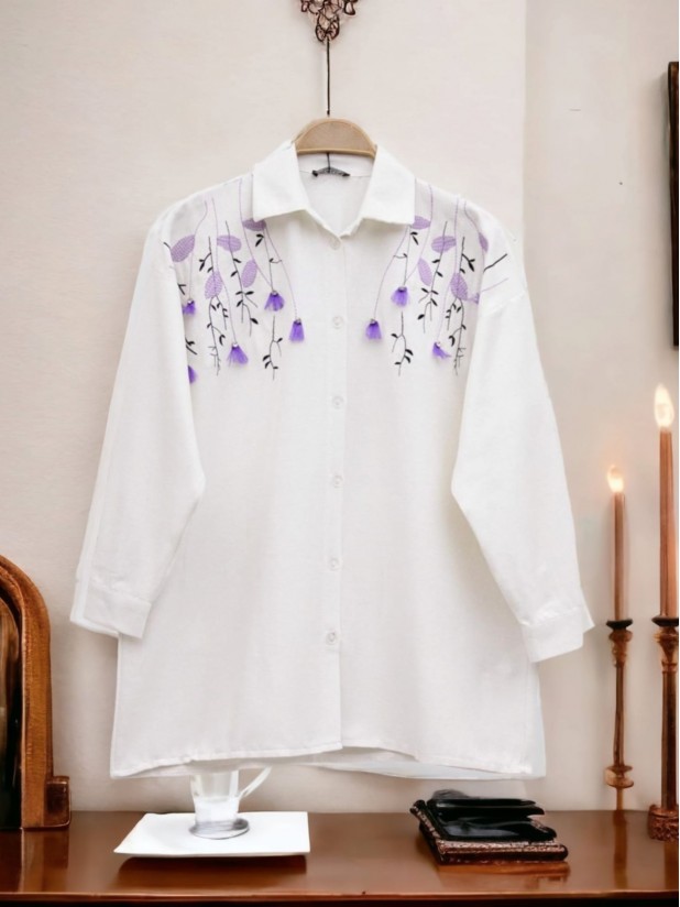Front Stone Embroidered Linen Shirt -Lilac