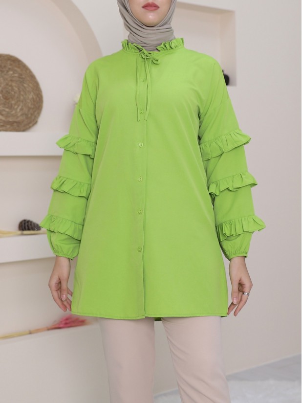Lace-up Collar Tunic with Ruffled Buttons with Layered Sleeves -Oil Green