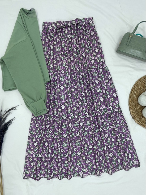 Crispy Floral Pattern Belt Pieced Linen Skirt - Purple