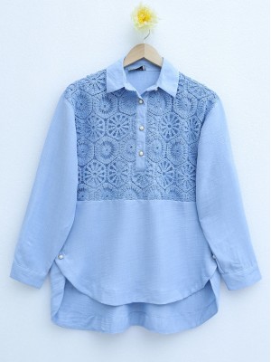 Lace Embroidered Skirt Button Detailed Shirt     -Baby Blue