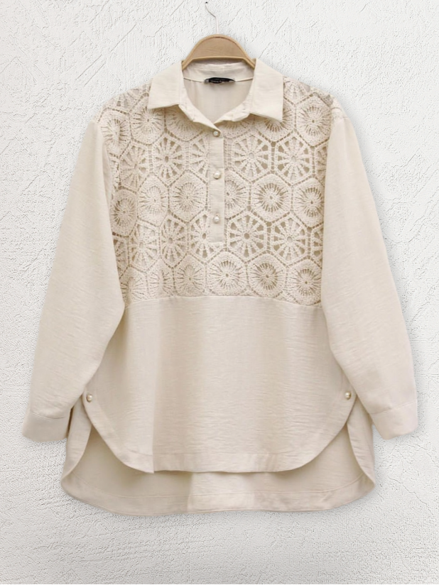 Lace Embroidered Skirt Button Detailed Shirt - Beige