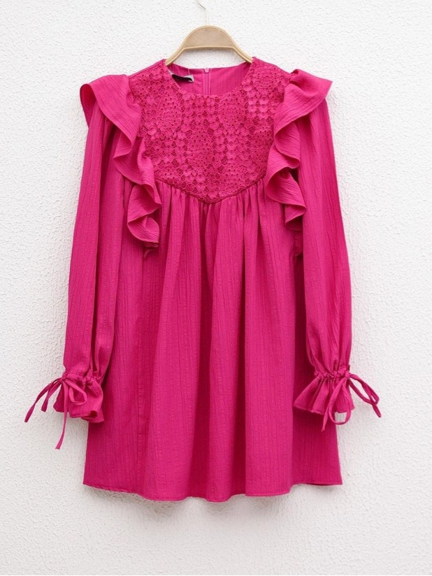 Front Frilly Sleeve Lace-Up Shirt -Fuchsia