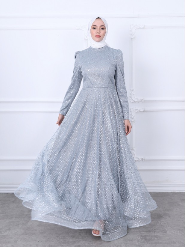 Shimmer Detailed Belted Tulle Evening Dress -Ice Blue