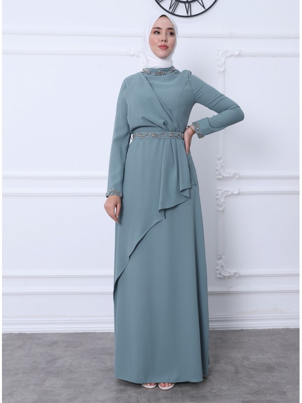 Bead Detailed Evening Dress with Judge Collar Belt and Sleeves  -Mint Color