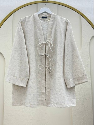 Linen Kimono with Three Laces on the Front -Stone