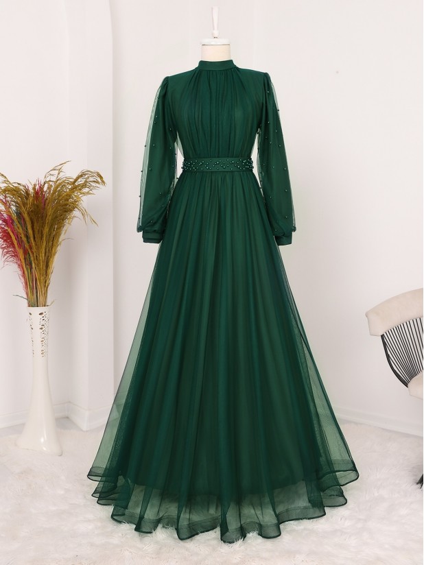 Sleeve And Belt Pearls Judge Collar Tulle Evening Dress -Emerald