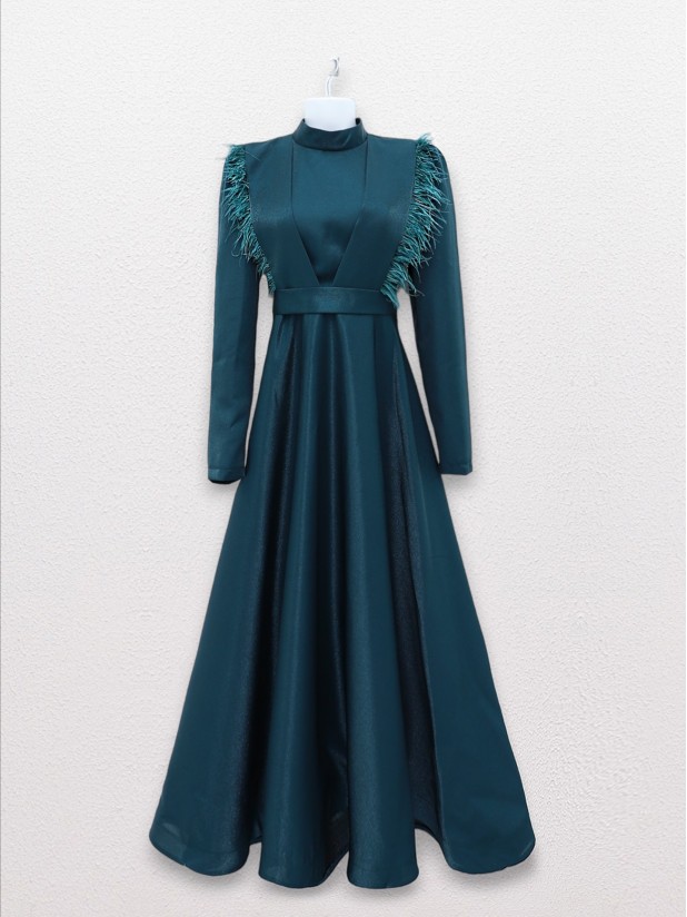 Feather Detailed Belt Evening Dress -Emerald