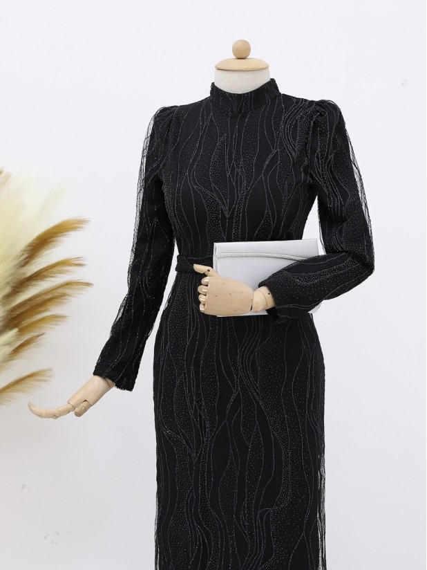 Patterned Silvery Belt Detailed Tulle Evening Dress -Black