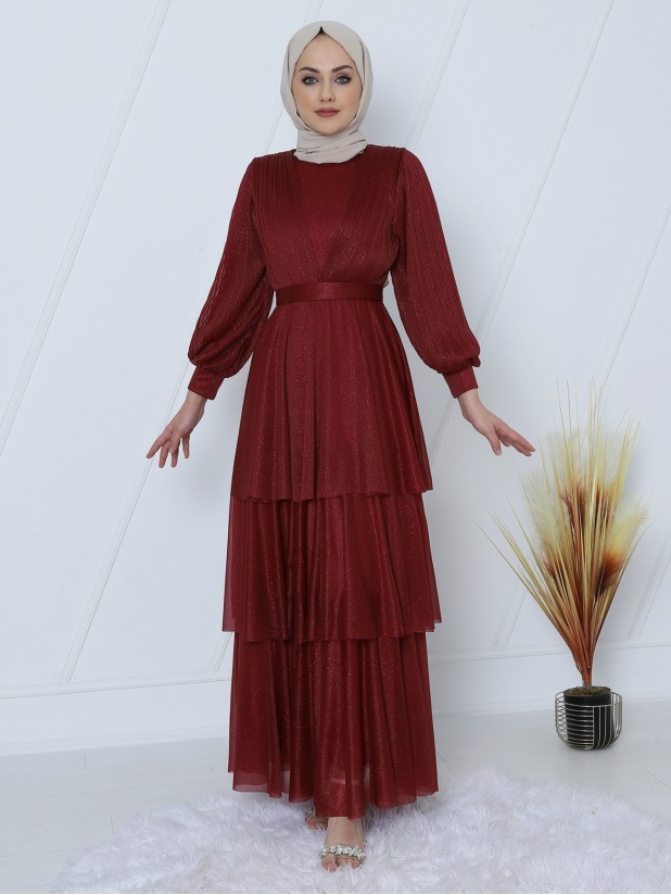 Pleat Detailed Belted Glittery Tulle Evening Dress -Maroon
