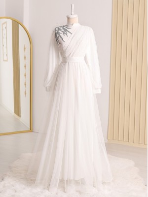 Stone Detailed Draped Belt Tulle Evening Dress -White
