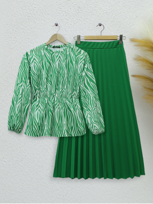 Water Pattern Skirt Suit with Elastic Waist  -PISTACHIO GREEN
