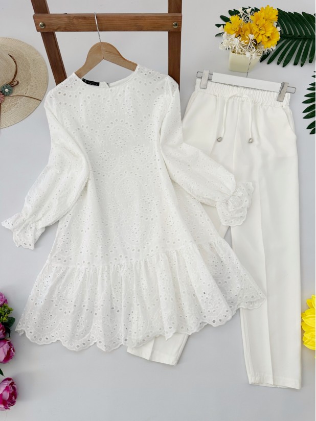 Elastic Sleeve Elastic Skirt Frilly Scalloped Tunic -White