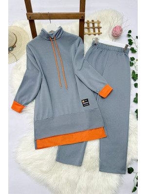 Two Thread Combed Cotton Double Suit with Orange Detail -Grey