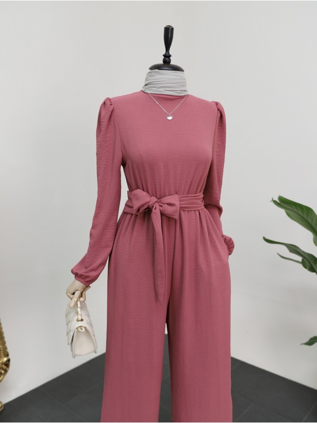 High Collar Elastic Waist Belted Jumpsuit -Dried rose