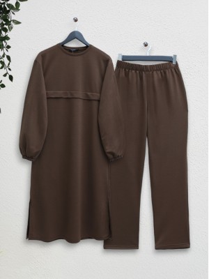 Round Neck Top Long Two Thread Combed Cotton Suit -Brown