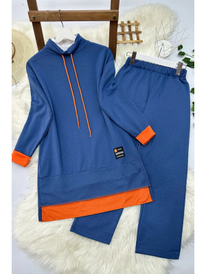 Two Thread Combed Cotton Double Suit with Orange Detail -İndigo