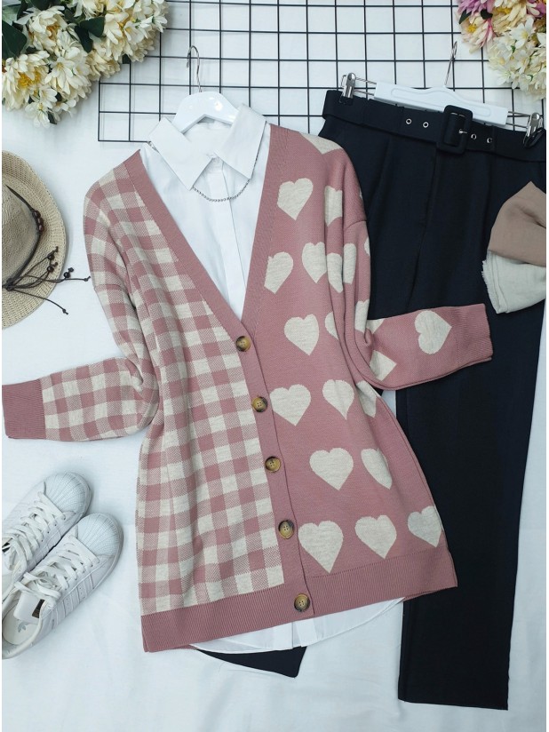 Covered Checkered Patterned Buttoned Knitwear Cardigan -Powder