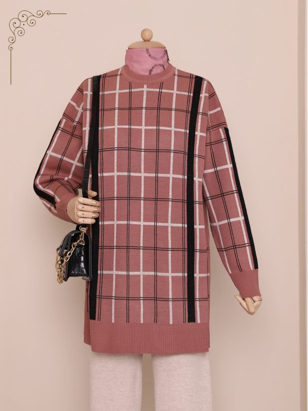 Square Patterned Double Layer Loose Knitwear Tunic -Powder