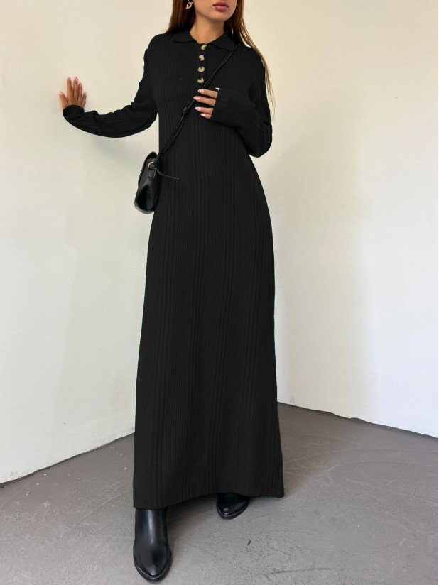 Polo Yaka Düğmeli Triko Elbise -Siyah
