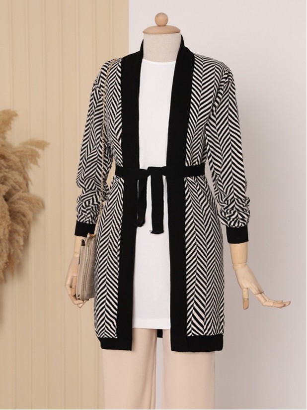 Fold Collar Zigzag Pattern Knitwear Cardigan -Black