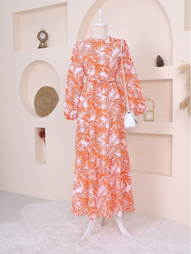 Elastic Sleeve Palm Pattern Dress -Orange