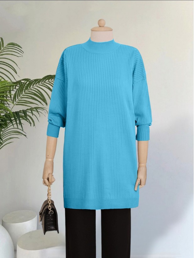 Half Neck Slit Knitwear Tunic     - Turquoise