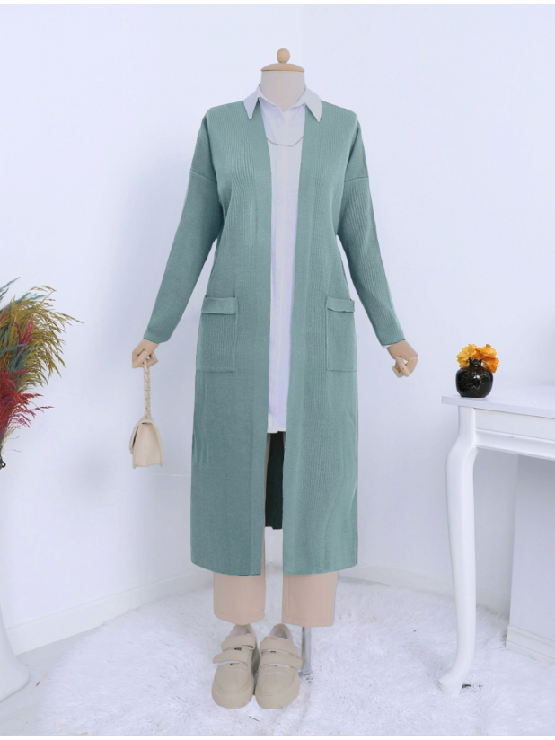 Long Knitwear Cardigan with Ribbed Pockets and Slits  -Mint Color