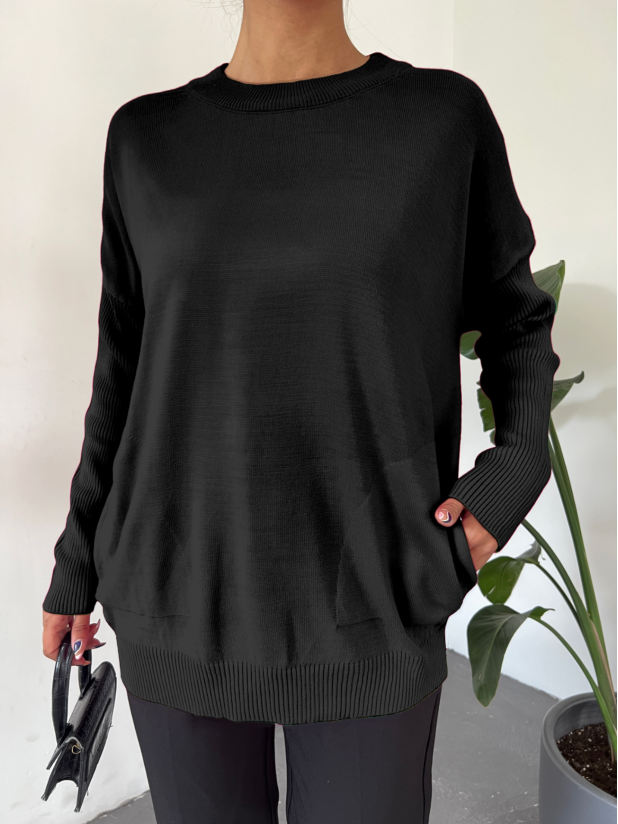 Round Neck Sleeve Ribbed Knitwear Sweater -Black