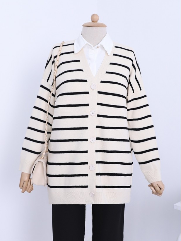 Striped Buttoned V-Neck Knitwear Cardigan -Cream color