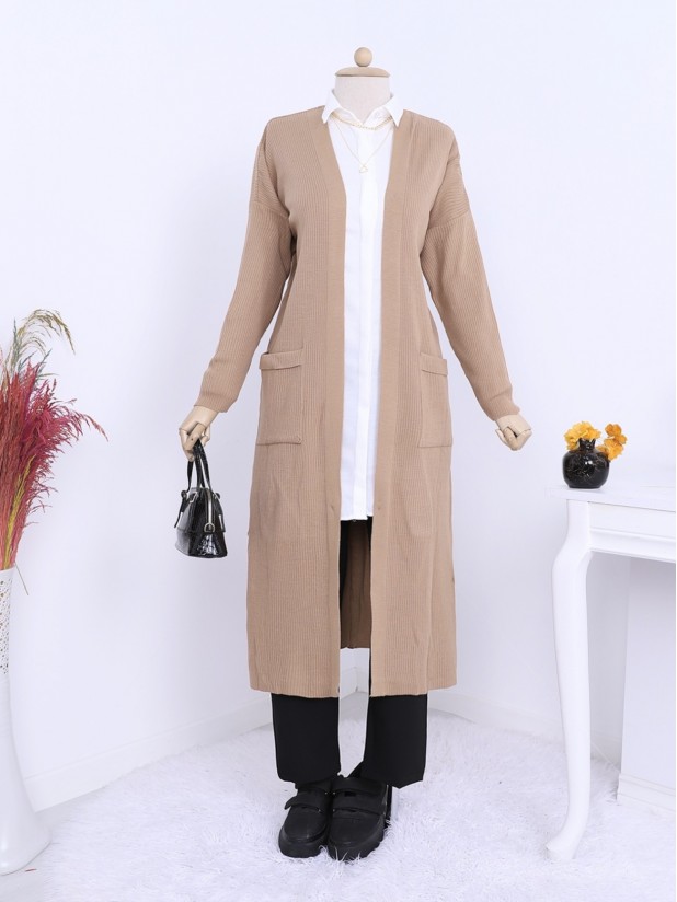 Long Knitwear Cardigan with Ribbed Pockets and Slits -Mink color
