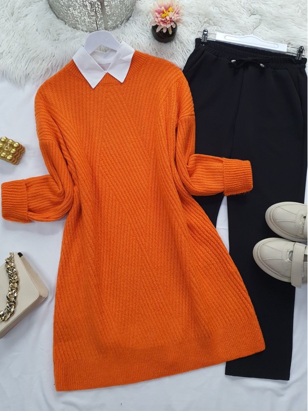 Crew Neck Diamond Pattern Knitwear Sweater   -Orange