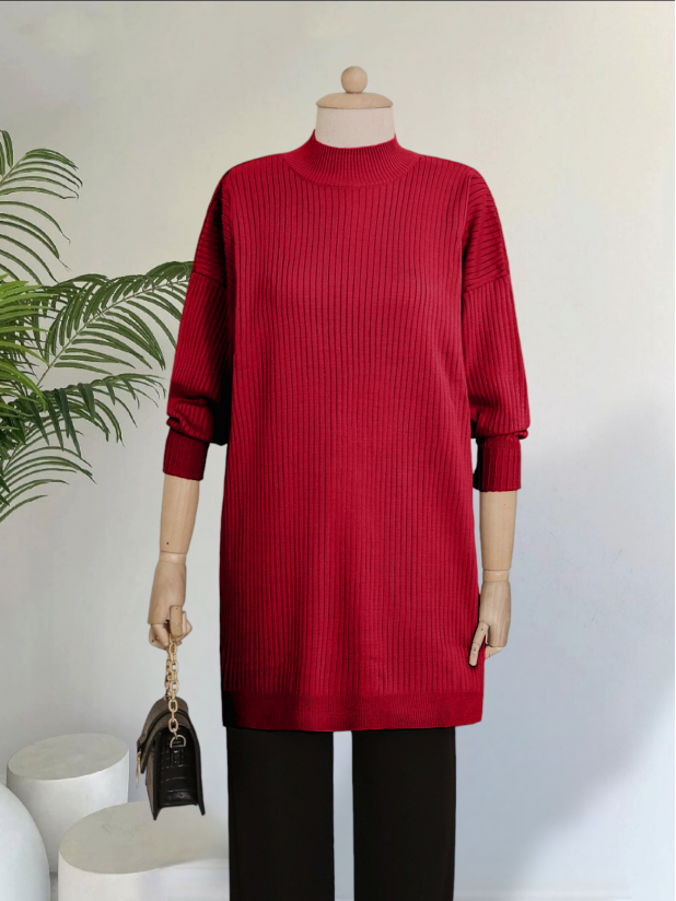 Half Neck Slit Knitwear Tunic    -Garnet Color