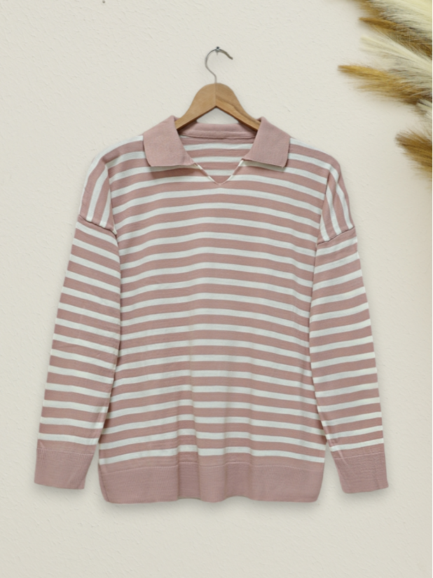 Polo Neck Striped Knitwear Sweater -Powder
