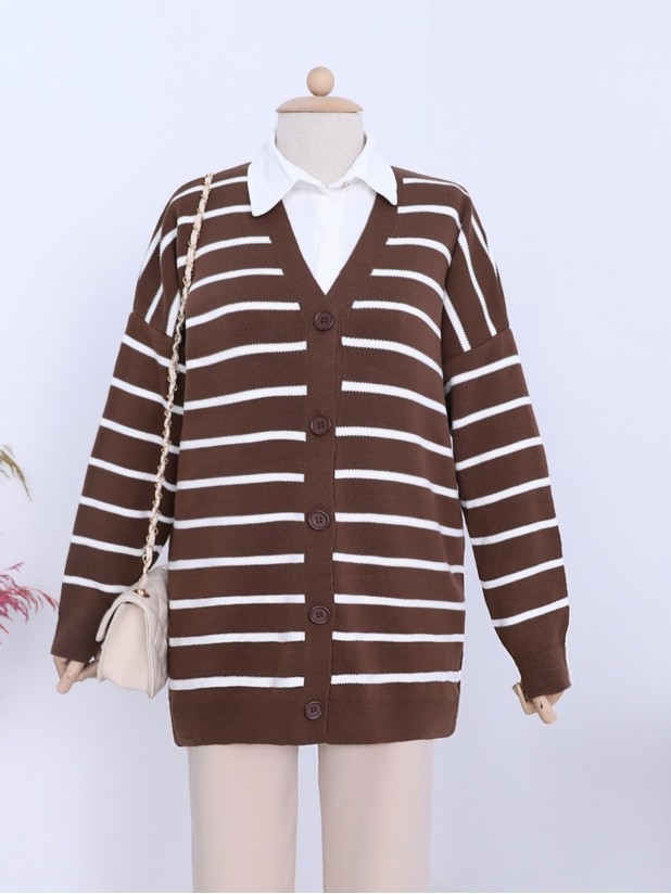 Striped Buttoned V-Neck Knitwear Cardigan -Brown