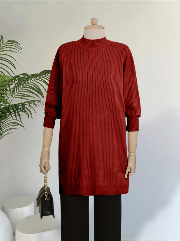 Half Neck Slit Knitwear Tunic  -Red