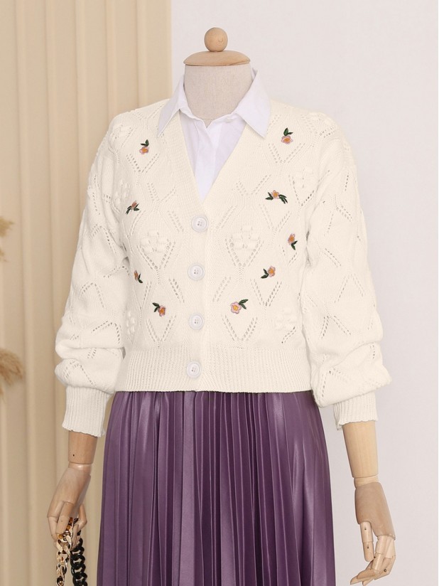 Floral Embroidery Openwork Knitwear Cardigan   -Cream color