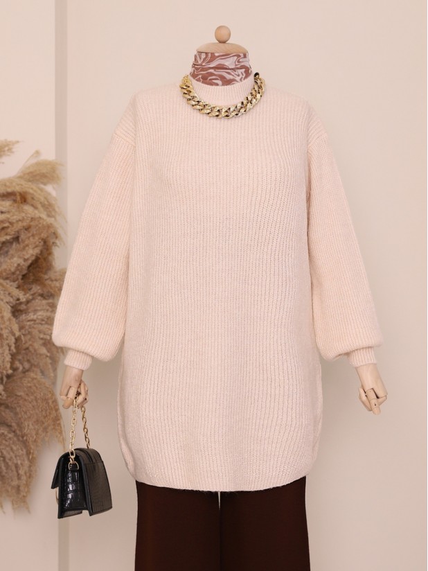 Balloon Sleeve Yumoş Knitted Knitwear Tunic   -Cream color