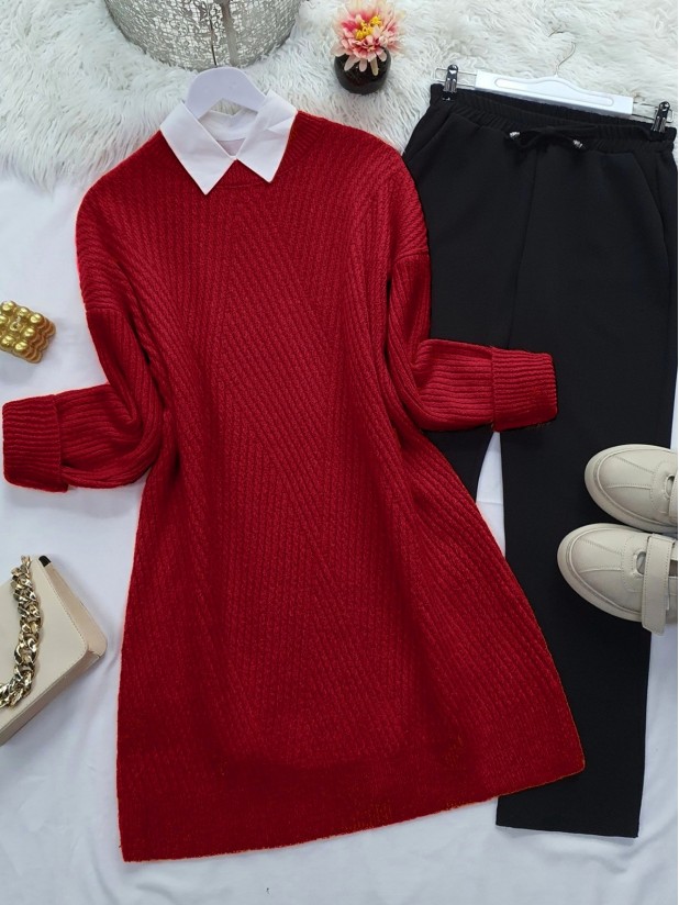 Crew Neck Diamond Pattern Knitwear Sweater    -Red