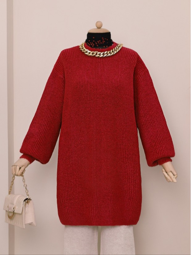 Balloon Sleeve Yumoş Knitted Knitwear Tunic  -Red