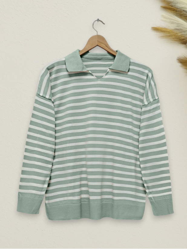 Polo Neck Striped Knitwear Sweater -Sea green